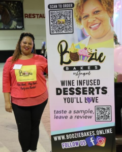 woman stands left of alcoholic desserts advertisement